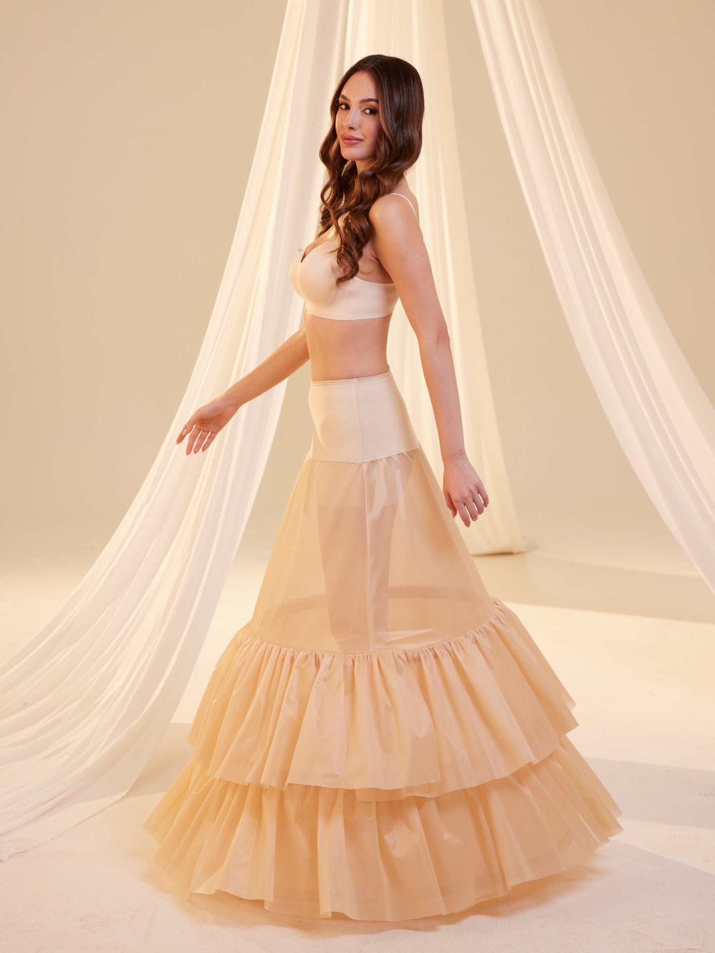 Nude Trumpet Petticoat Skirt with Waist Corsage and 3 Hoops , Bridal Crinoline Slip