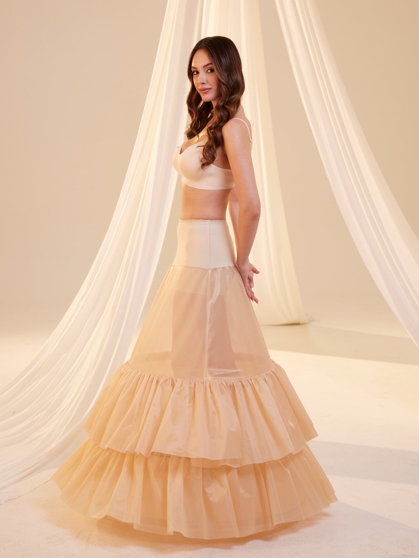 Nude Trumpet Petticoat Skirt with Waist Corsage and 3 Hoops , Bridal Crinoline Slip