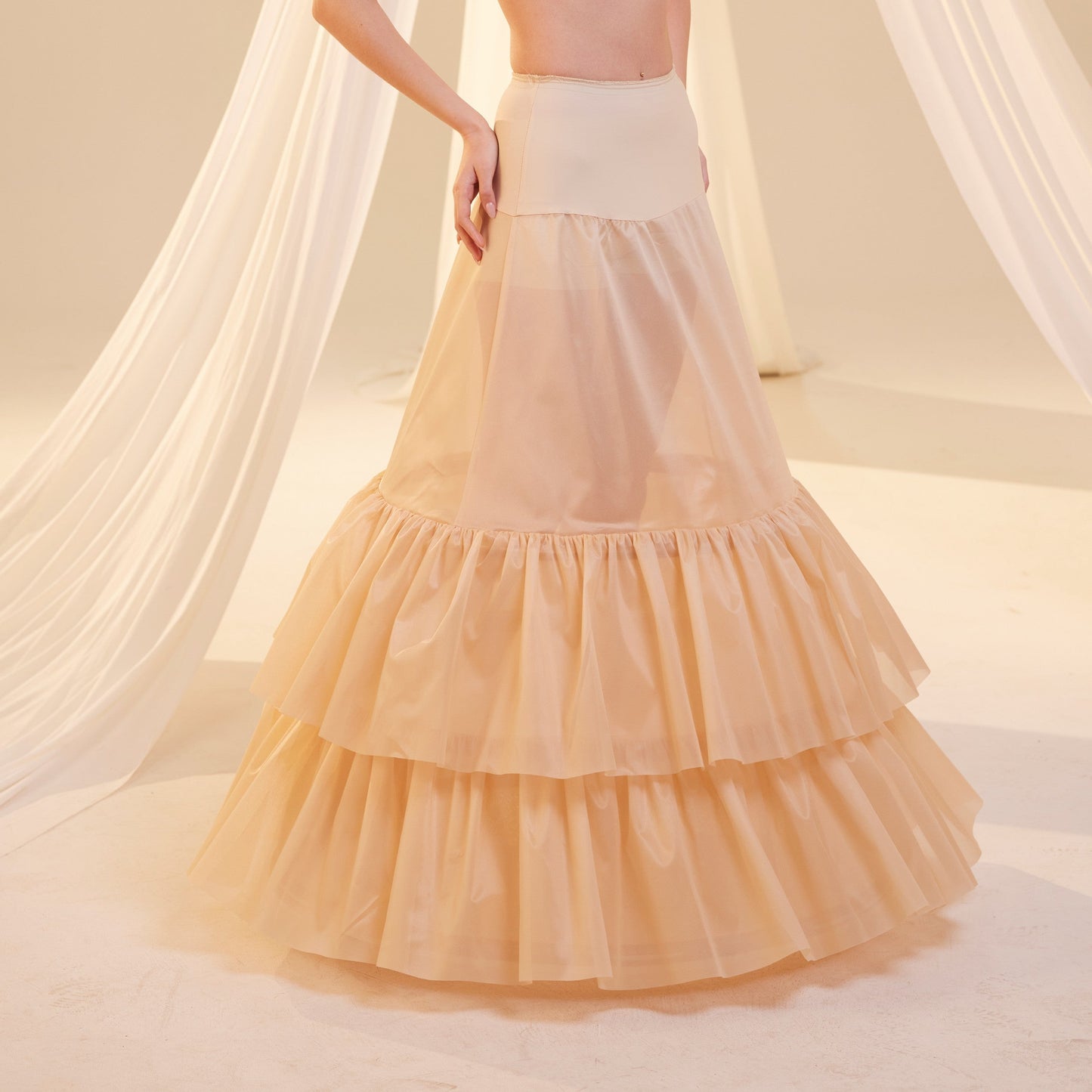 Nude Trumpet Petticoat Skirt with Waist Corsage and 3 Hoops , Bridal Crinoline Slip