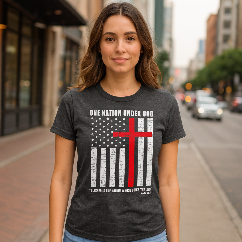 One Nation Under God Patriotic Cross Flag T-Shirt • Christian Flag Tee American Faith Apparel