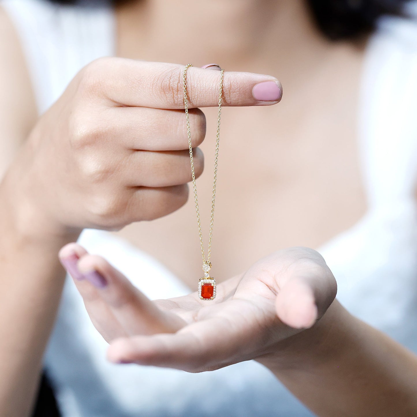 Emerald Cut Fire Opal Vintage Necklace with Diamond