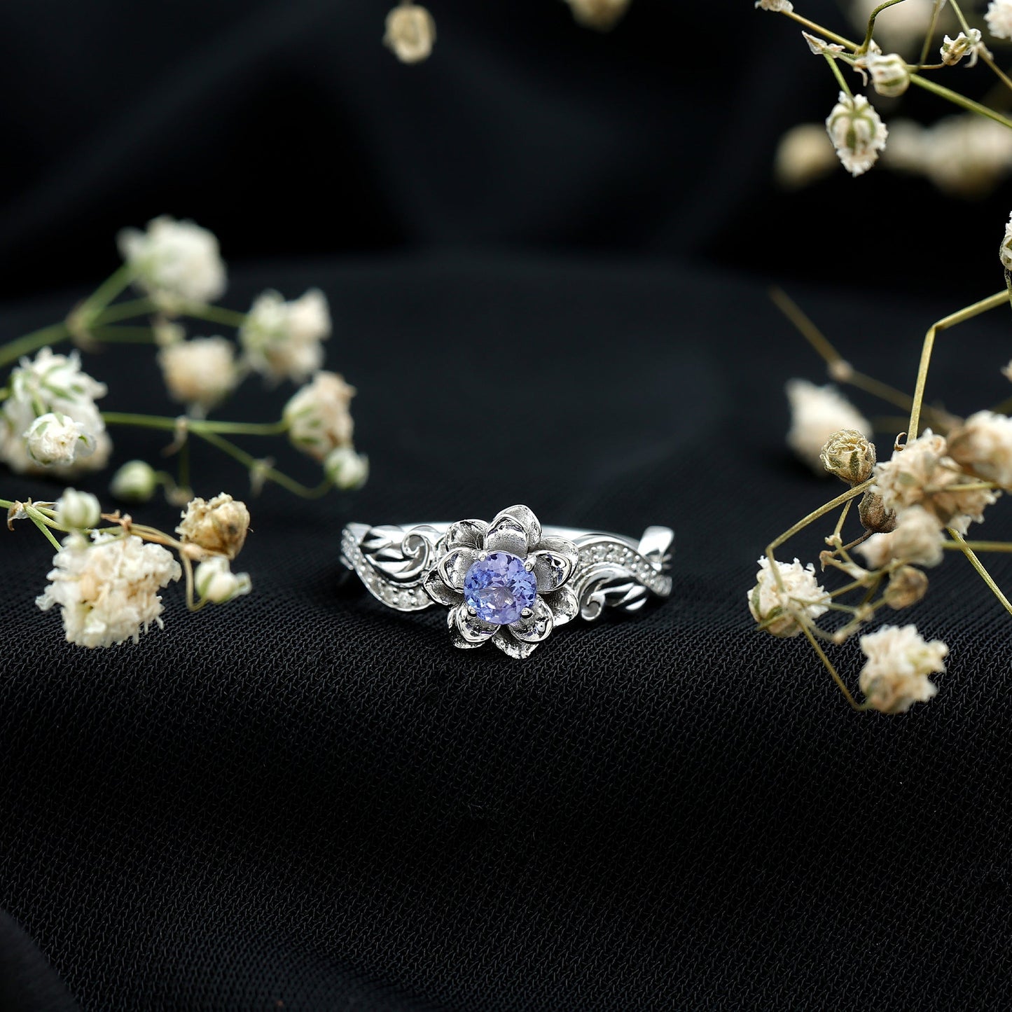 Certified Tanzanite and Diamond Flower Engagement Ring in Silver