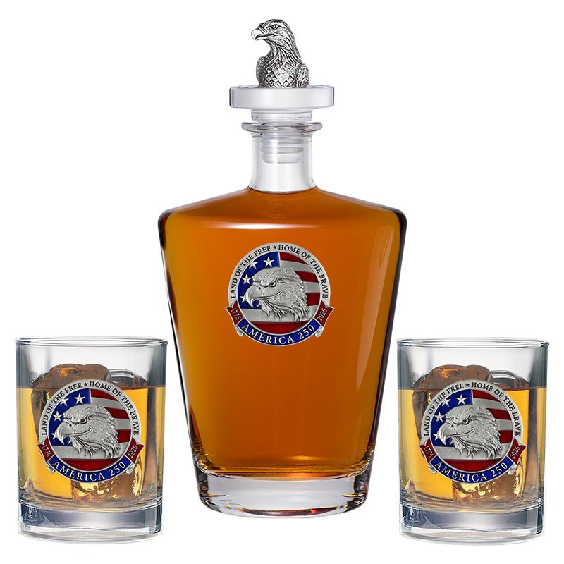 America's 250th Anniversary Eagle Head with Flag Royal Decanter with 3D Top & 2 Glasses