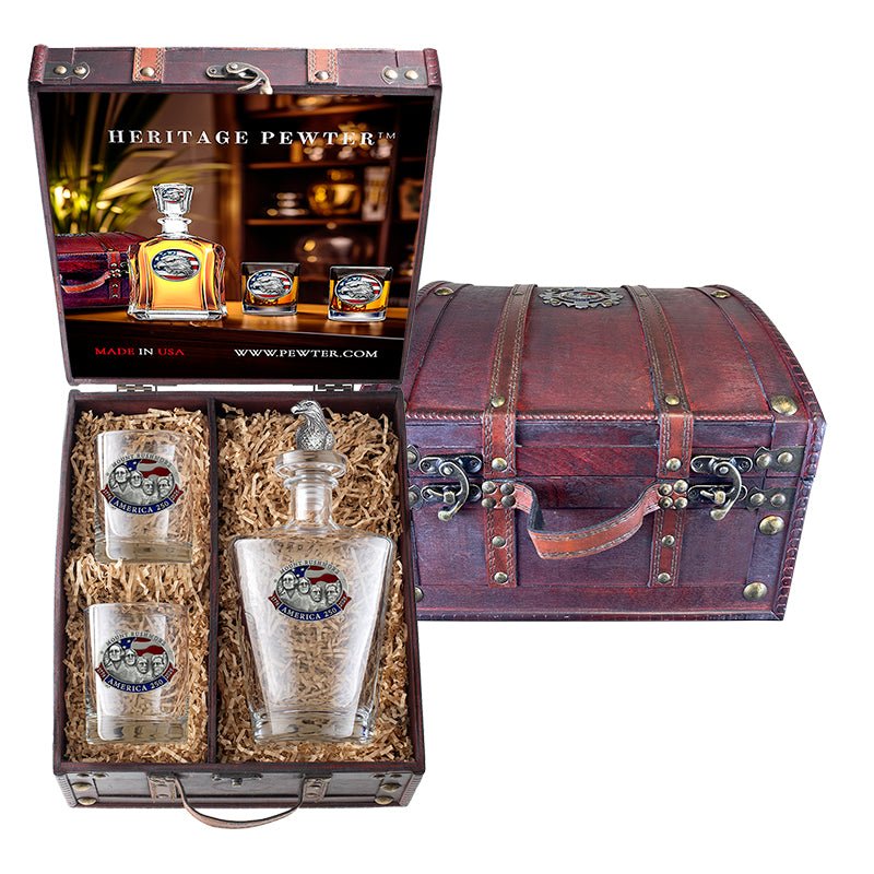 America's 250th Anniversary Mount Rushmore Royal Decanter with 3D Top and 2 Glasses w/ Chest Box