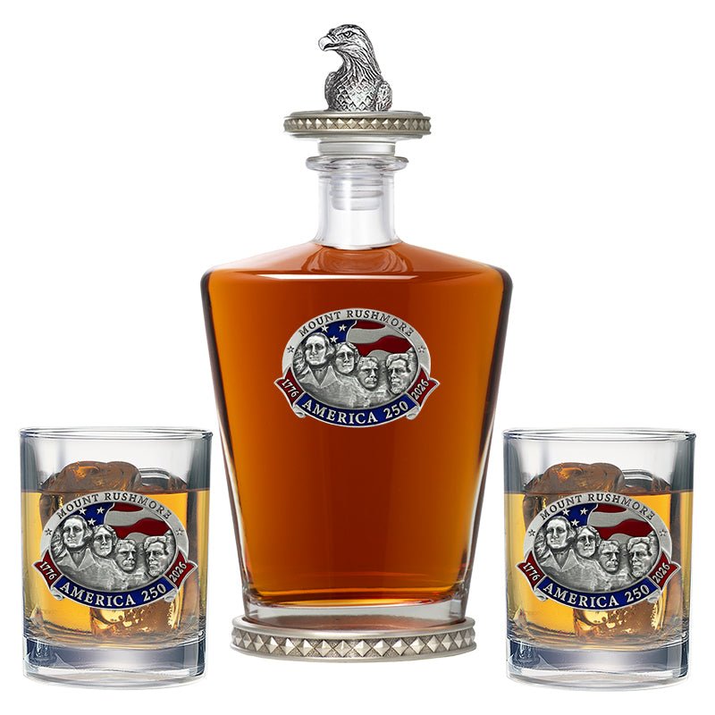 America's 250th Anniversary Mount Rushmore Royal Decanter w/ Eagle Head 3D Top-Diamond Accents & 2 Glasses