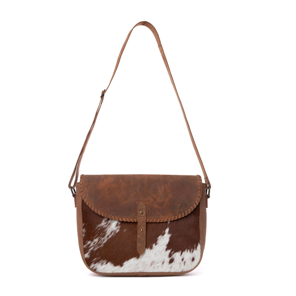 Myra Honey Field Hairon Leather Messenger Bag in Sable Mist