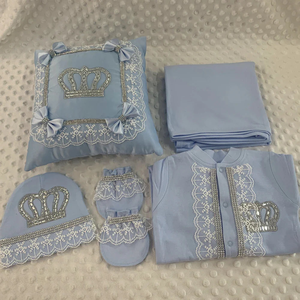 5pcs Baby Girl Outfits Set Welcome Home Hosptial Infant Receiving Blanket Pillow Bed Hat Mittens Romper Set