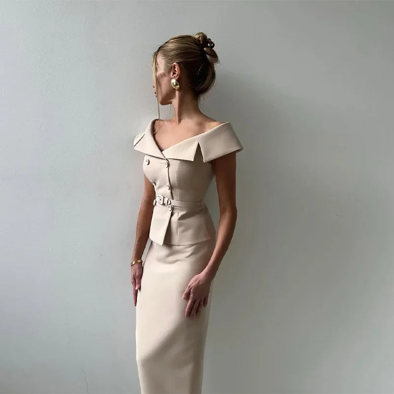 Double-Breasted Midi Skirt Suit - 2-Piece Set