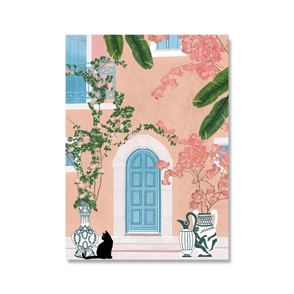 Flower and Plant Travel Greek Wall Art Poster Ocean Beach Canvas Painting Nordic Living Room Home Decoration Wall Painting