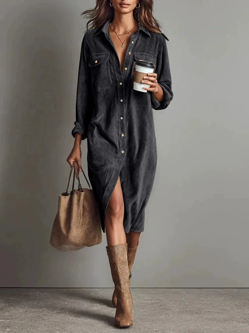 Corduroy Maxi Shirt Dress - Long Sleeve Lapel