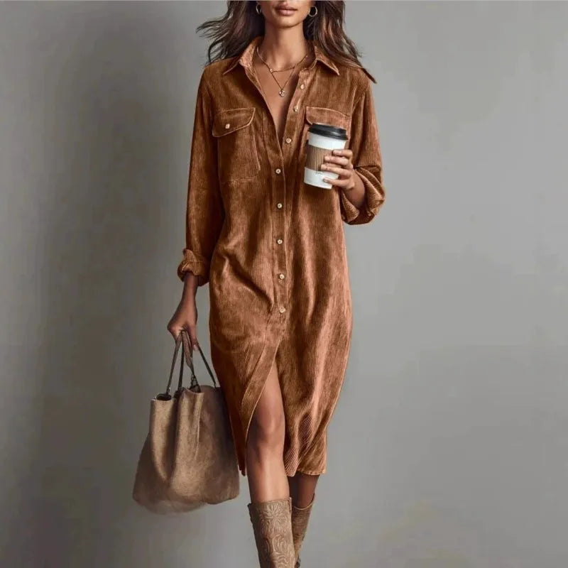 Corduroy Maxi Shirt Dress - Long Sleeve Lapel