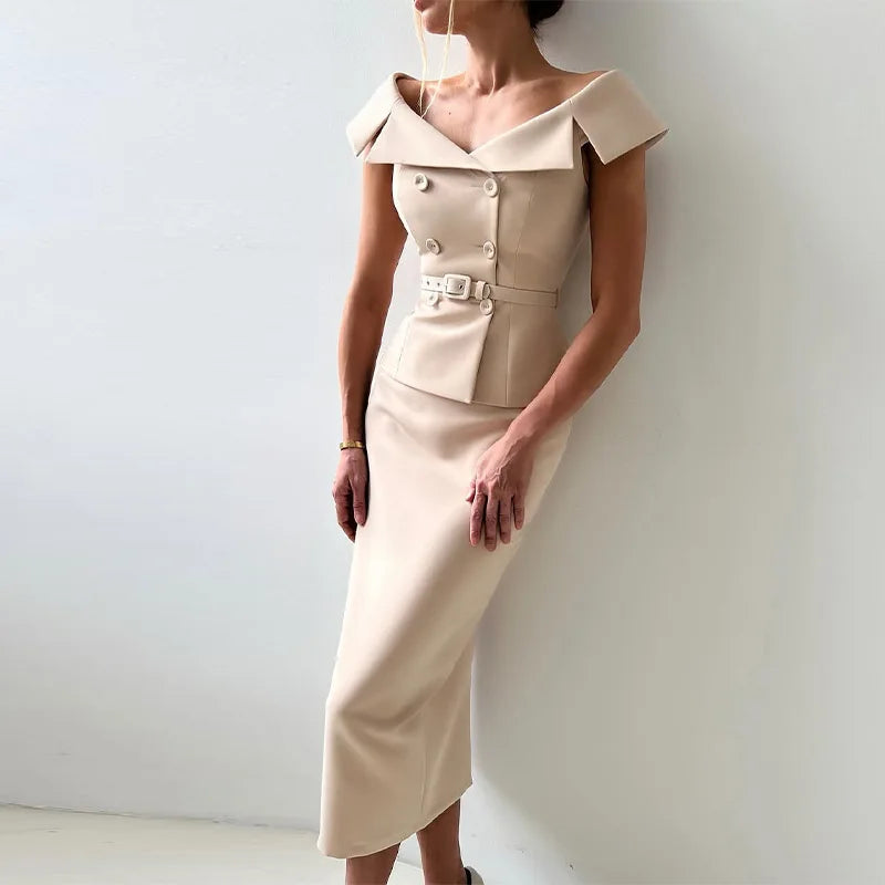 Double-Breasted Midi Skirt Suit - 2-Piece Set