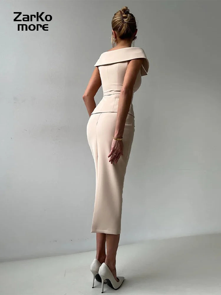 Double-Breasted Midi Skirt Suit - 2-Piece Set