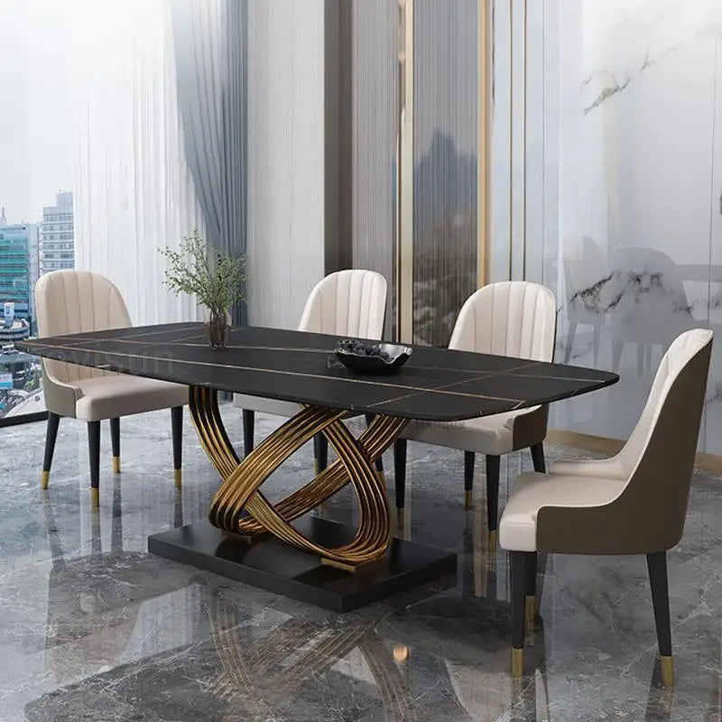 Modern Dining Table With Stainless Steel Finish Black White Desk Top For Six People Home Rectangle Luxury Marble Kitchen Table
