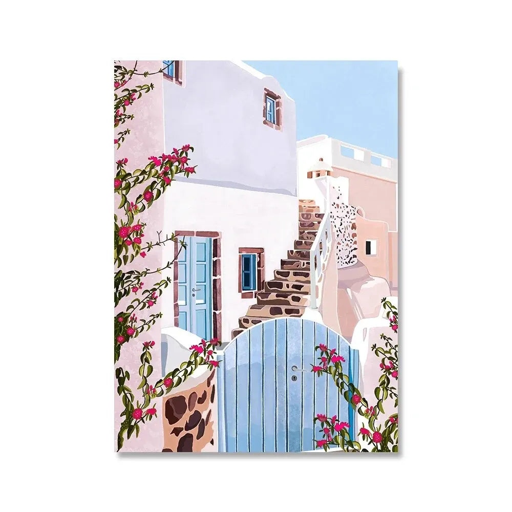 Flower and Plant Travel Greek Wall Art Poster Ocean Beach Canvas Painting Nordic Living Room Home Decoration Wall Painting