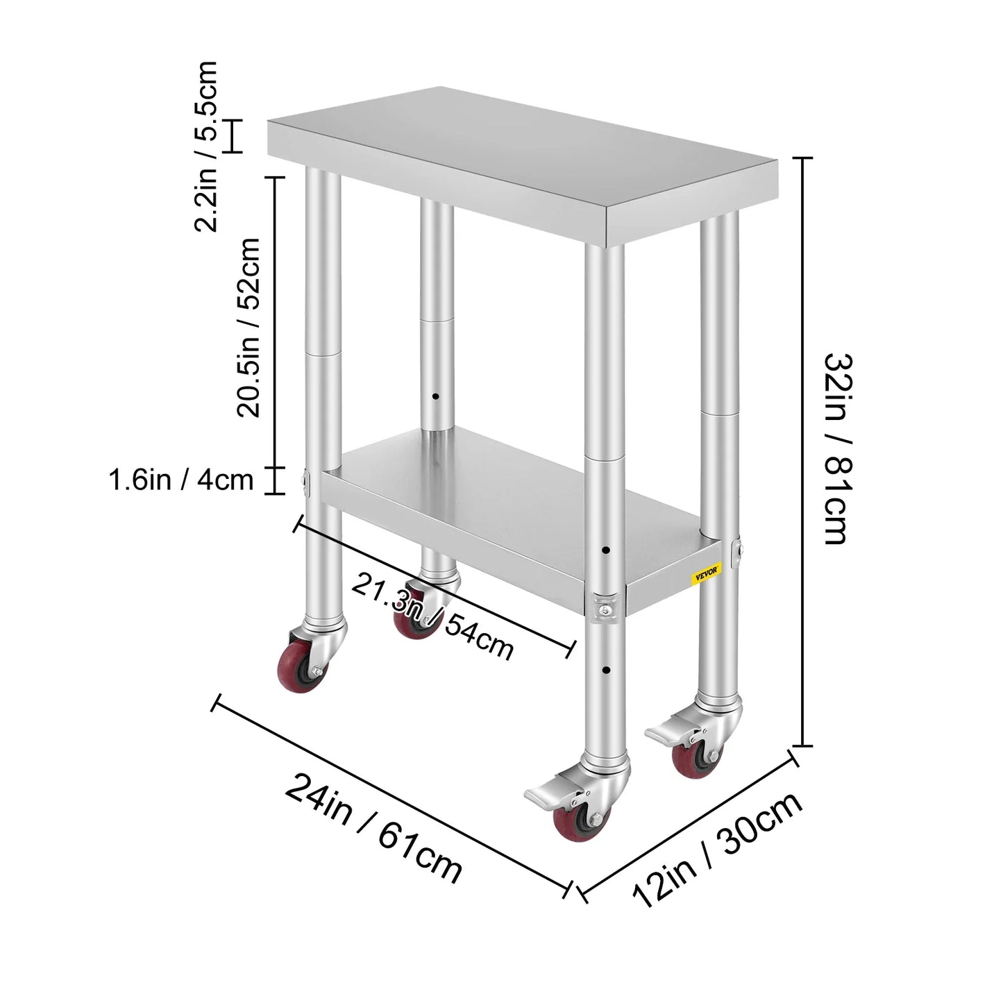 VEVOR Stainless Steel Kitchen Prep Table With 4 Caster Wheels & Backsplash Loads Up to 100KG-300KG for Home Storage Rack Dining