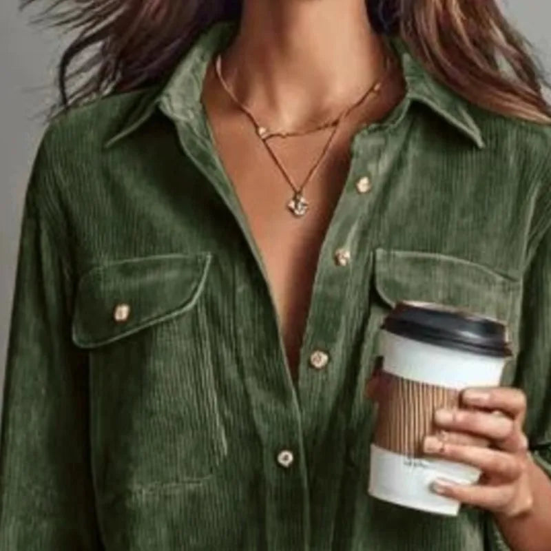 Corduroy Maxi Shirt Dress - Long Sleeve Lapel