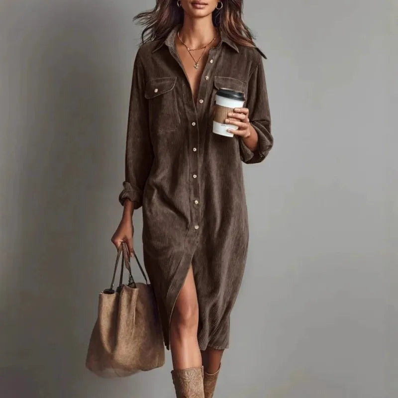 Corduroy Maxi Shirt Dress - Long Sleeve Lapel