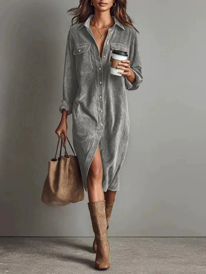 Corduroy Maxi Shirt Dress - Long Sleeve Lapel