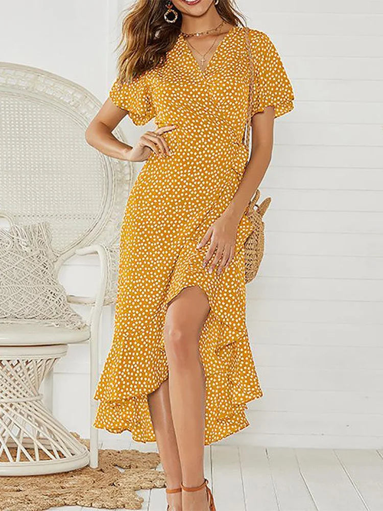Floral Print Maxi Dress - Boho Chiffon Beach Dress with Split