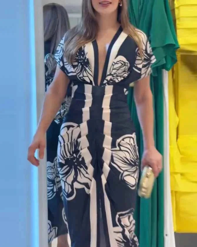 Floral Midi Dress with Ruched Waist