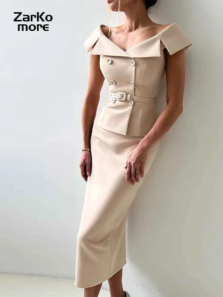 Double-Breasted Midi Skirt Suit - 2-Piece Set
