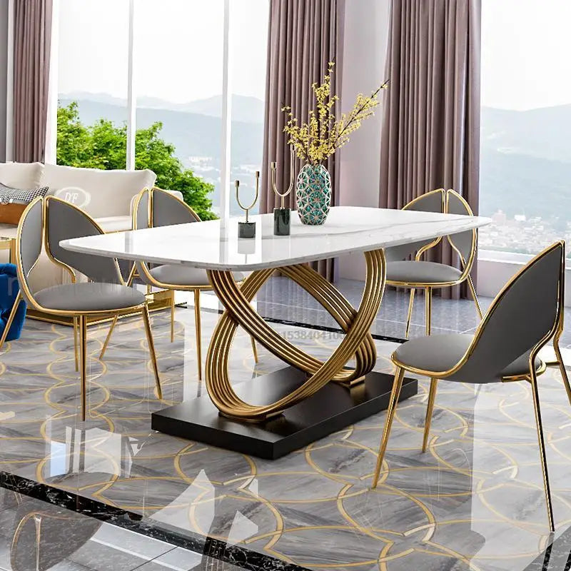 Modern Dining Table With Stainless Steel Finish Black White Desk Top For Six People Home Rectangle Luxury Marble Kitchen Table