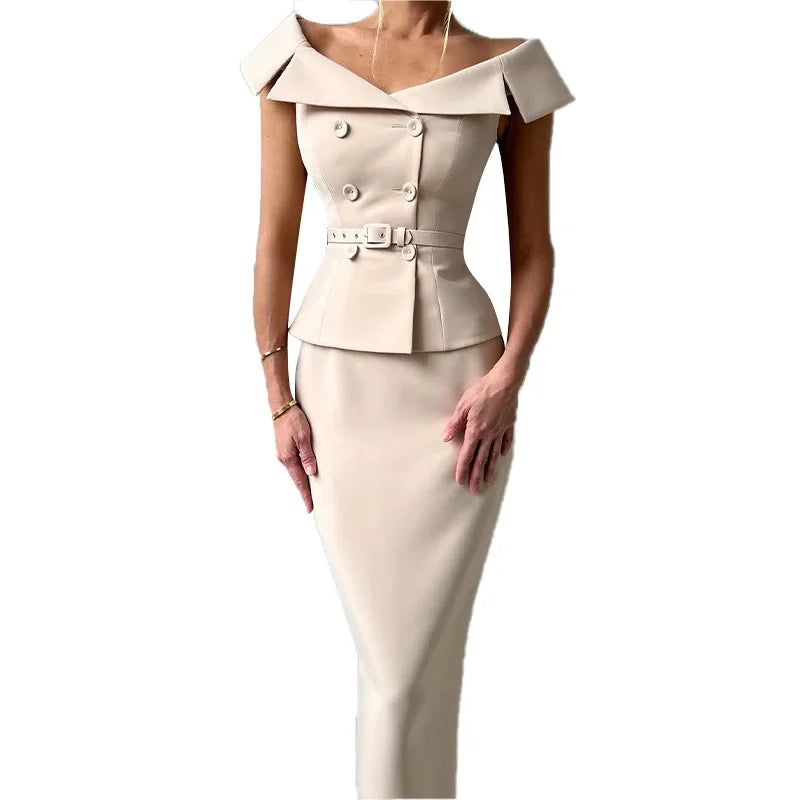 Double-Breasted Midi Skirt Suit - 2-Piece Set