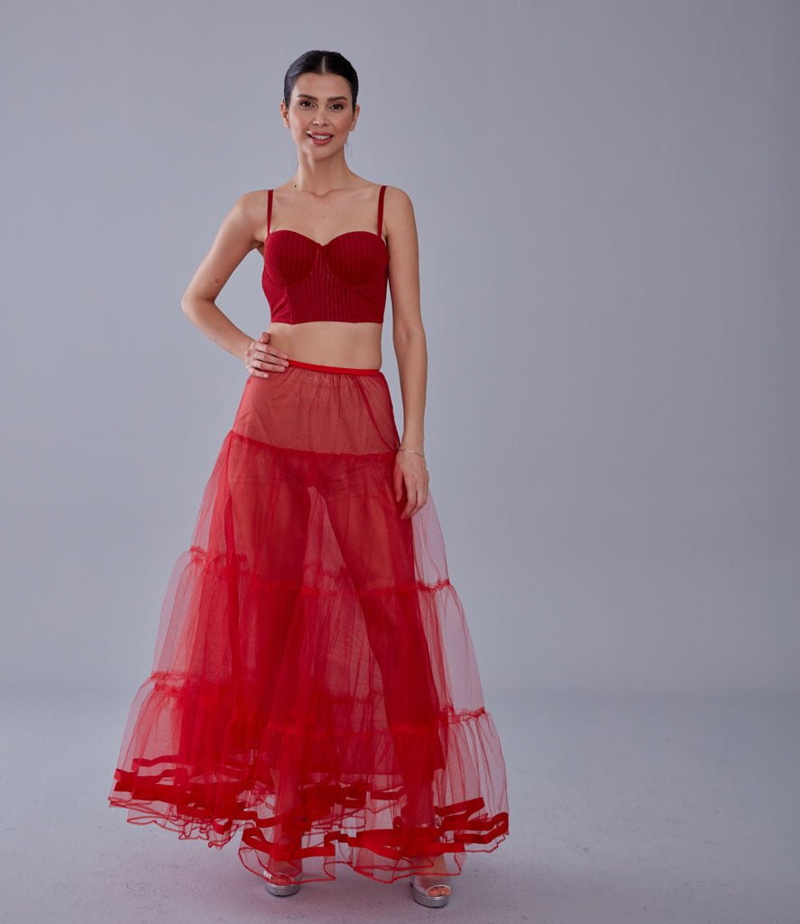 Red Voile Petticoat Skirt with Elastic Band - Perfect for Parties