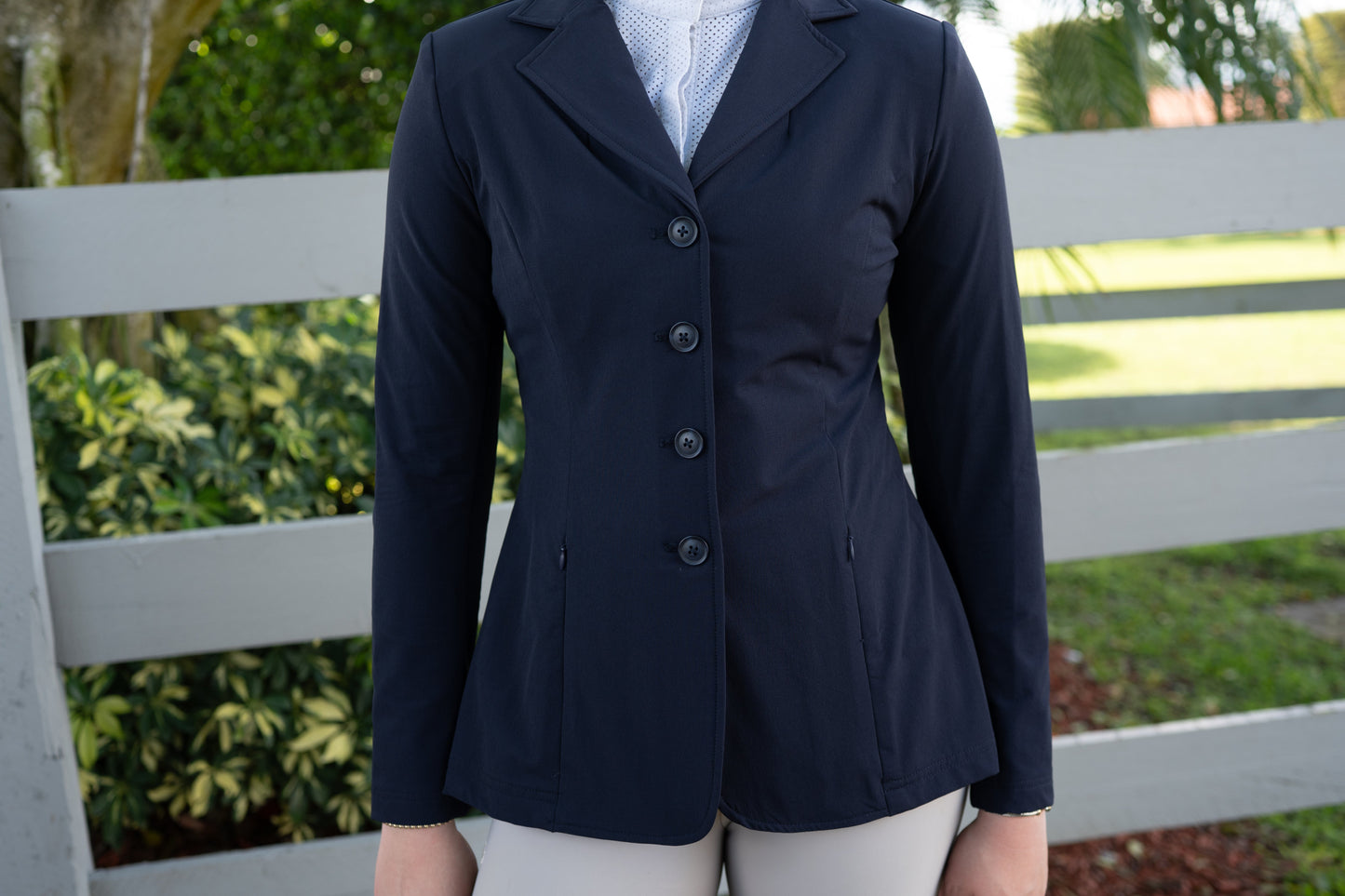 Grand Prix Ladies Quinn Show Coat, 4 Button with Hidden Zipper Closure, Navy