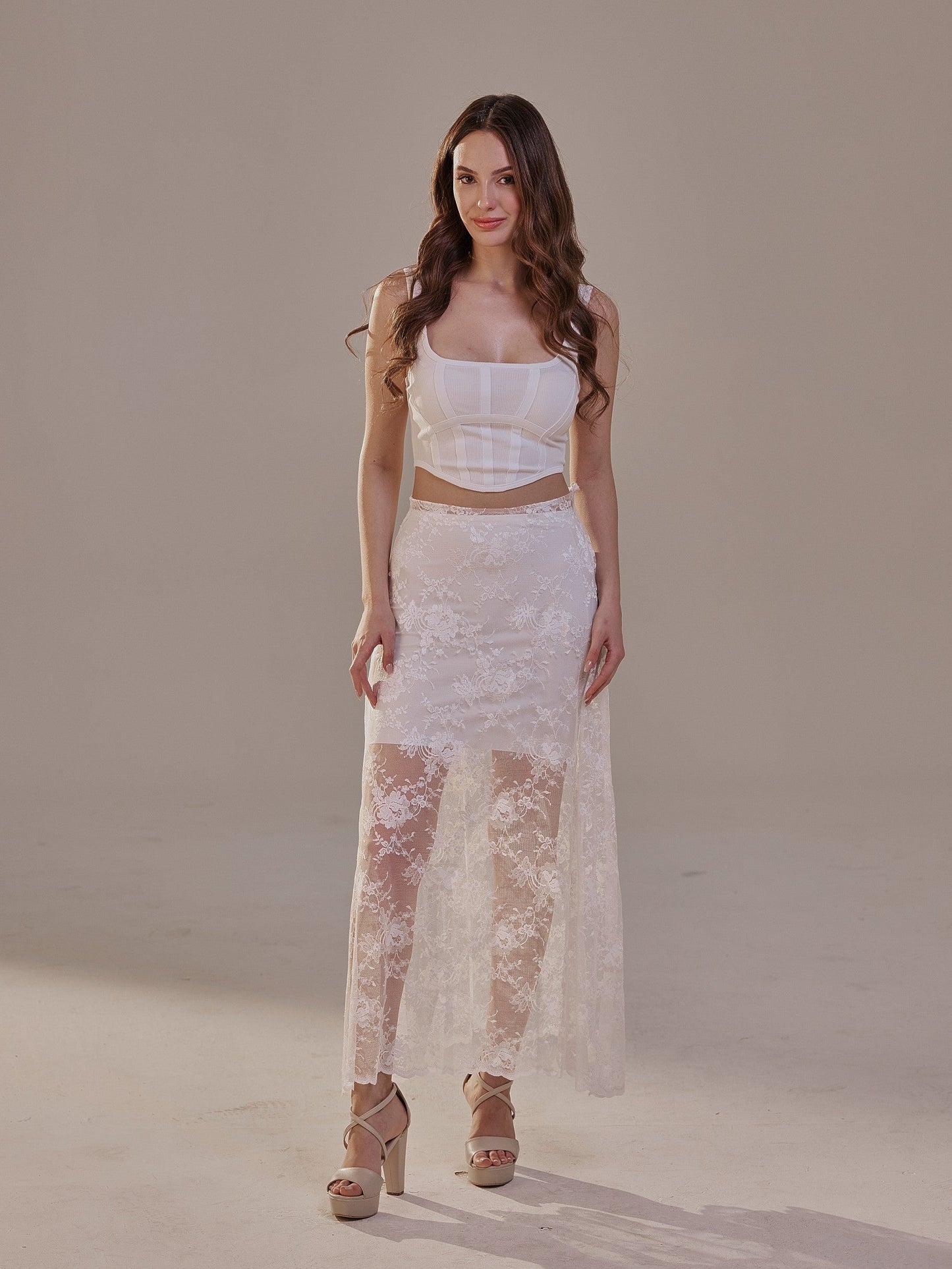 White Lace A-Line Skirt – Long Sheer Full Skirt