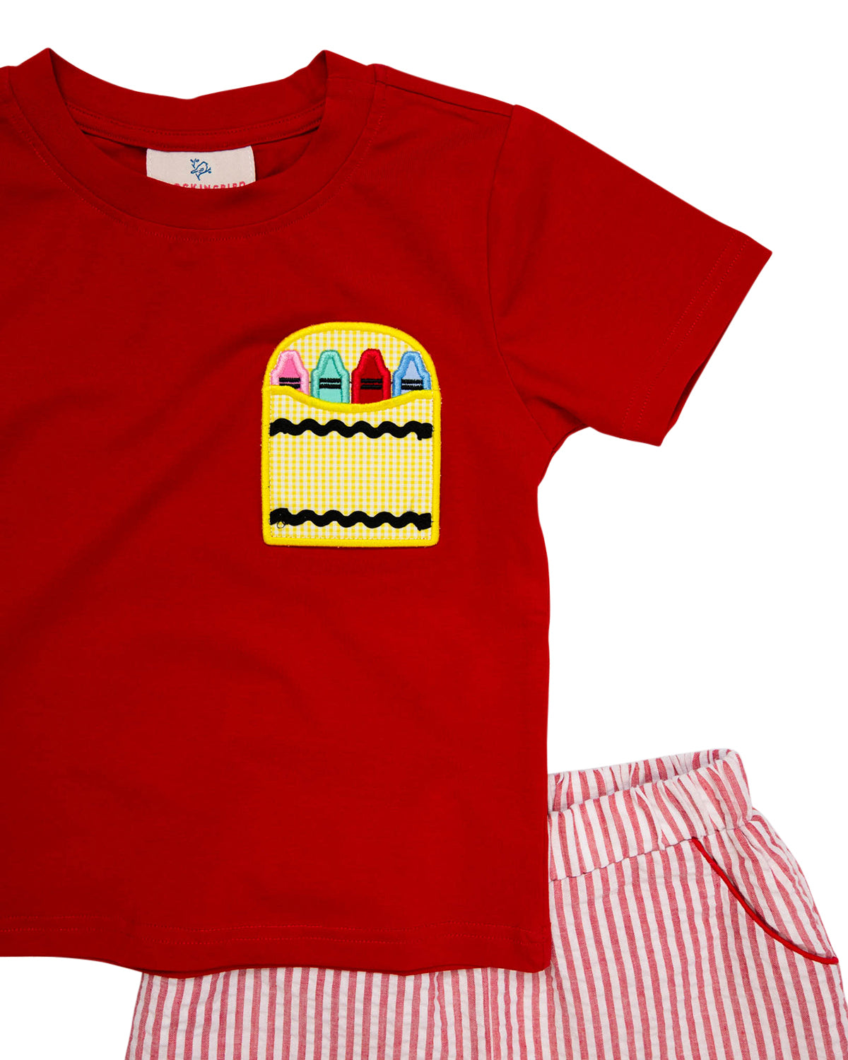 Crayon Pocket Red Seersucker Boy Shorts Set