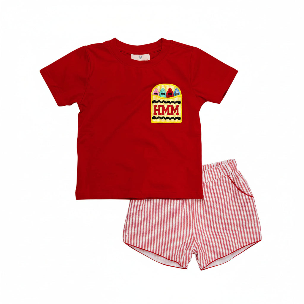 Crayon Pocket Red Seersucker Boy Shorts Set