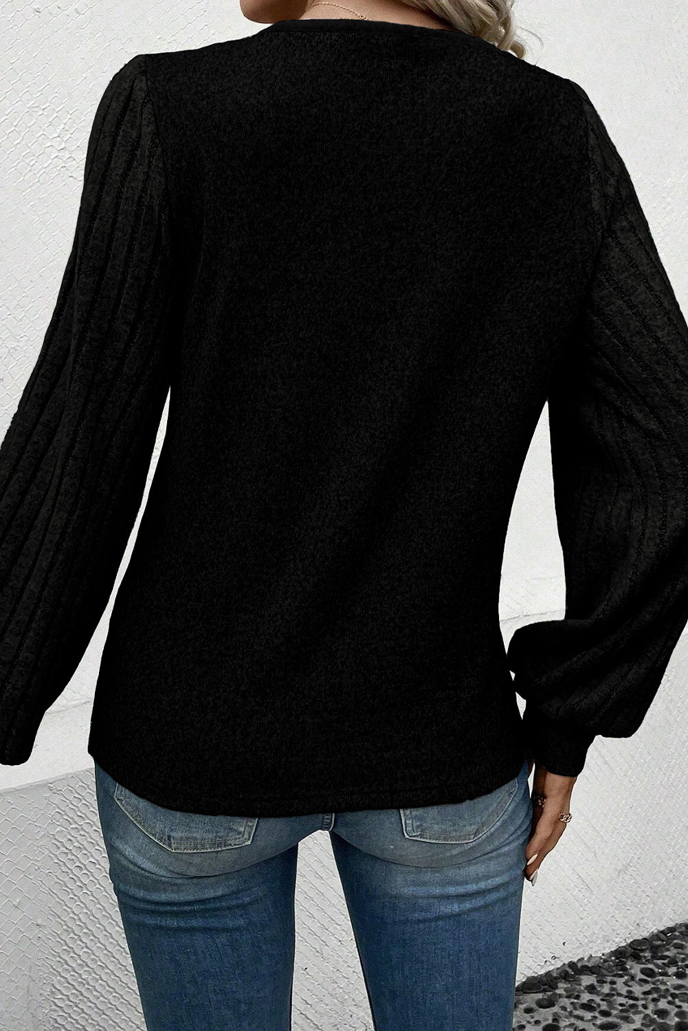 Light Grey Buttoned V Neck Ribbed Puff Sleeve Women's Top