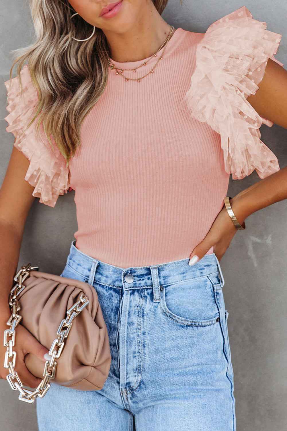 Pink Layered Ruffle Knit Blouse