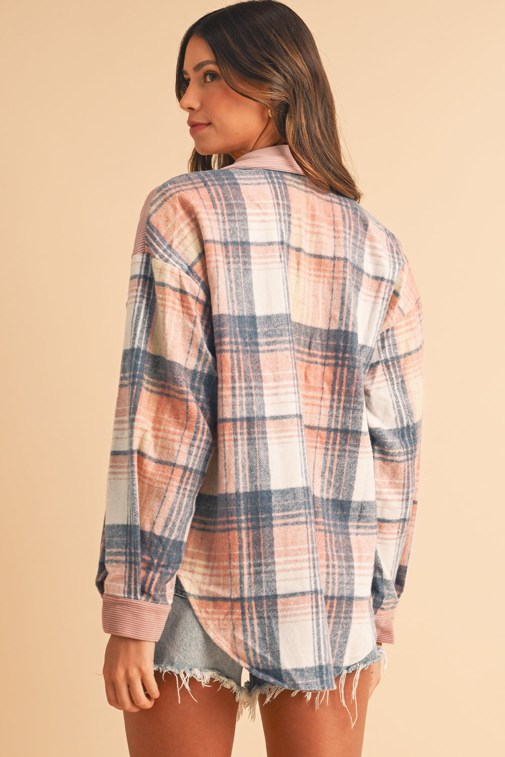 Cinnamon Plaid Corduroy Shacket with Patchwork Pockets for Effortless Style