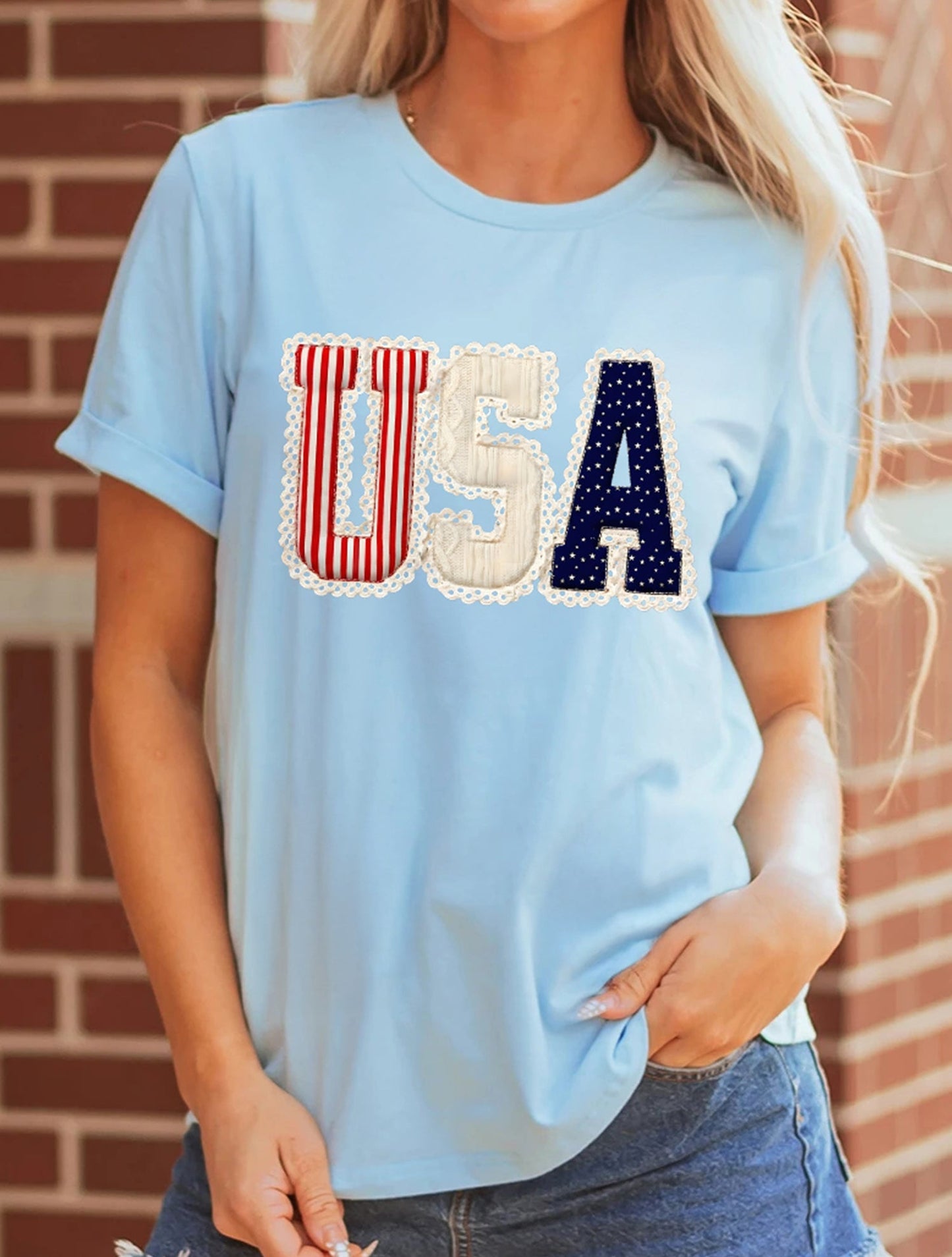 Light Blue USA Patriotic Printed T Shirt
