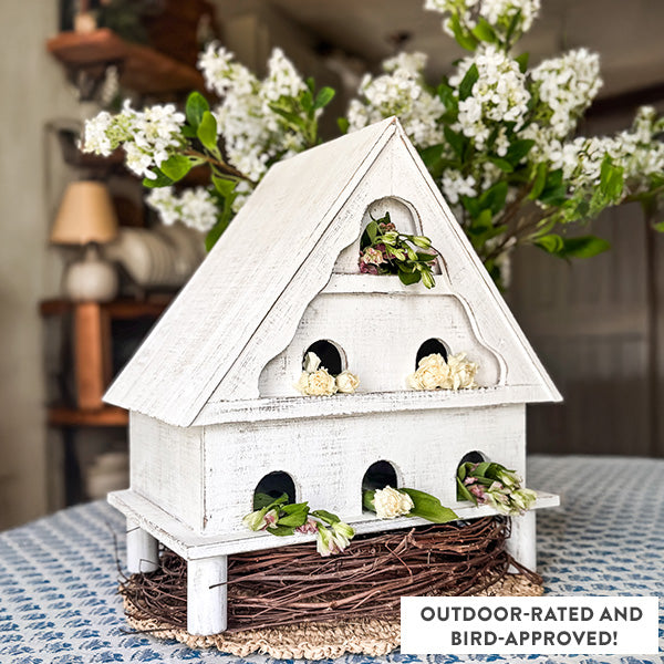 Distressed White Wood Functional Bird House | Outdoor Rated