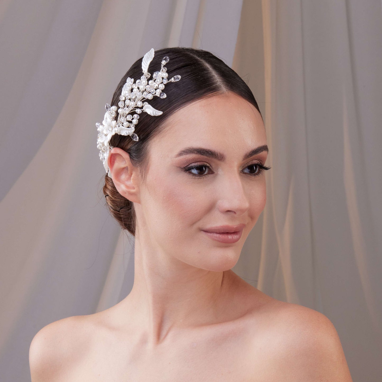 Resin Flower and Pearl Wedding Hair Vine