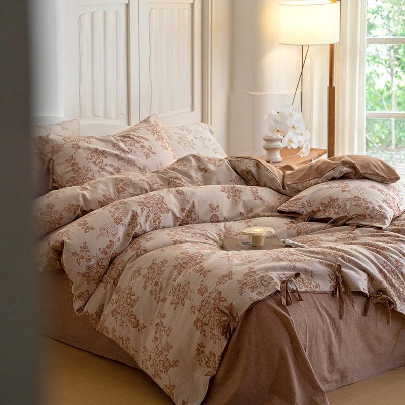Bonnie Ribbon Bow Tie Floral Bedding Set / Light Gray
