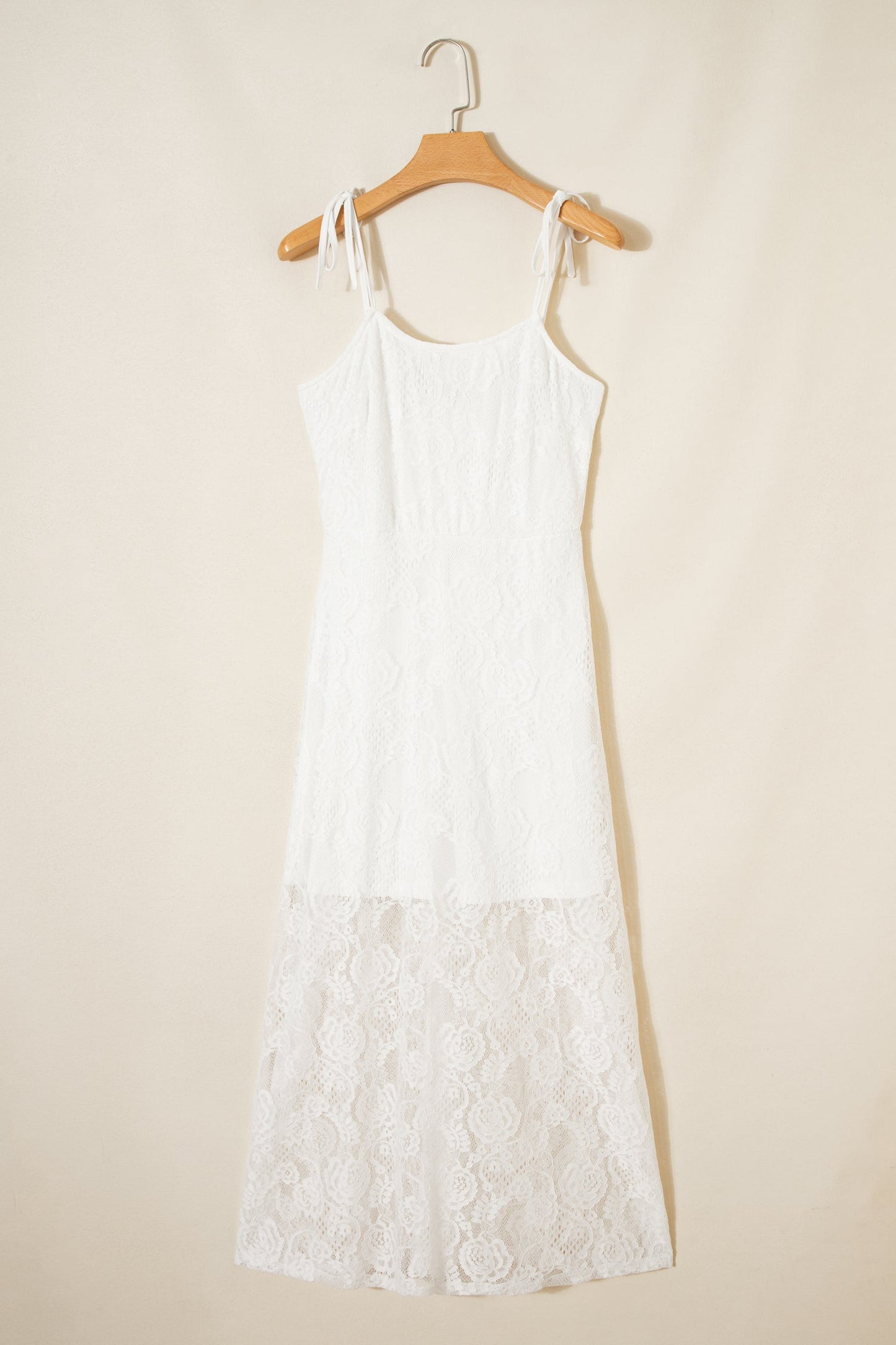 White Tie Spaghetti Straps Floral Lace Overlay Long Dress