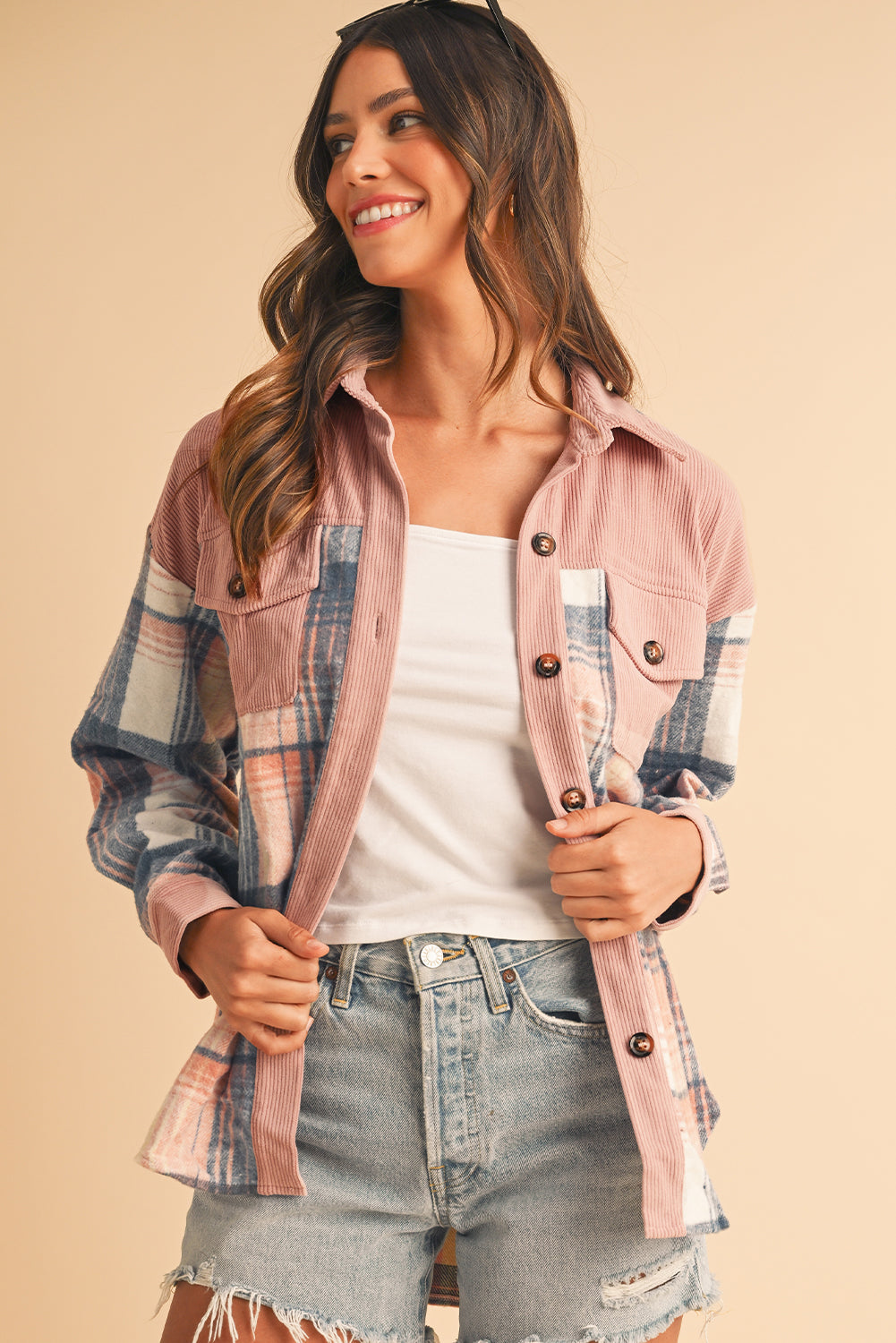 Cinnamon Plaid Corduroy Shacket with Patchwork Pockets for Effortless Style