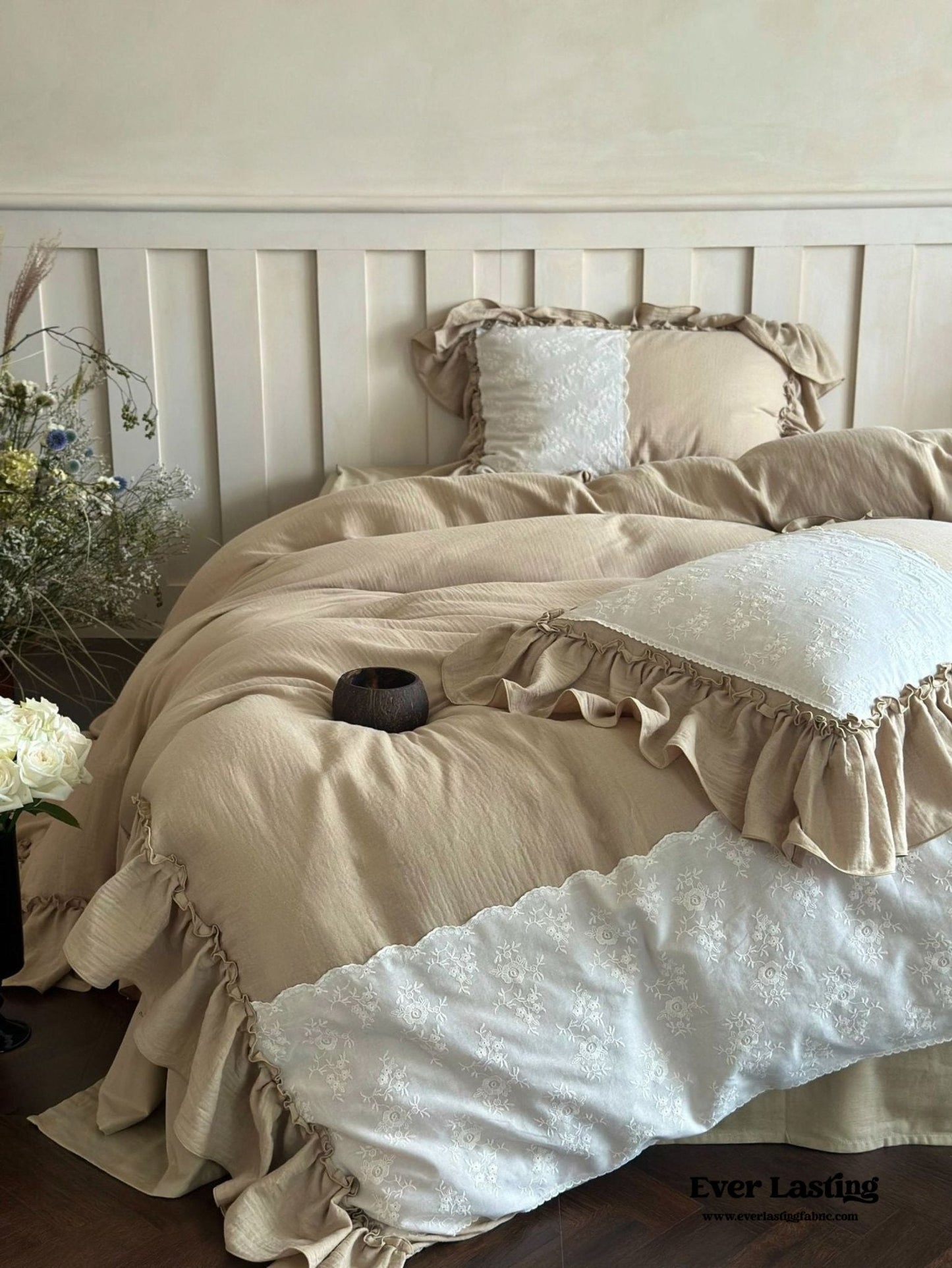 Celeste Soft Lace Embroidered Ruffle Bedding Set / Coffee Brown