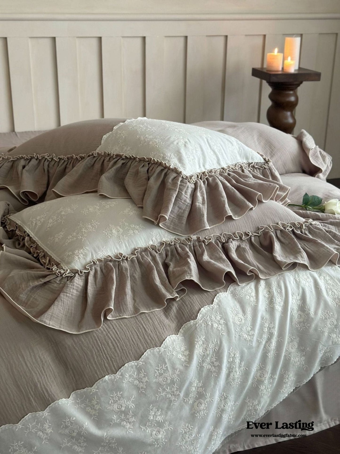 Celeste Soft Lace Embroidered Ruffle Bedding Set / Coffee Brown