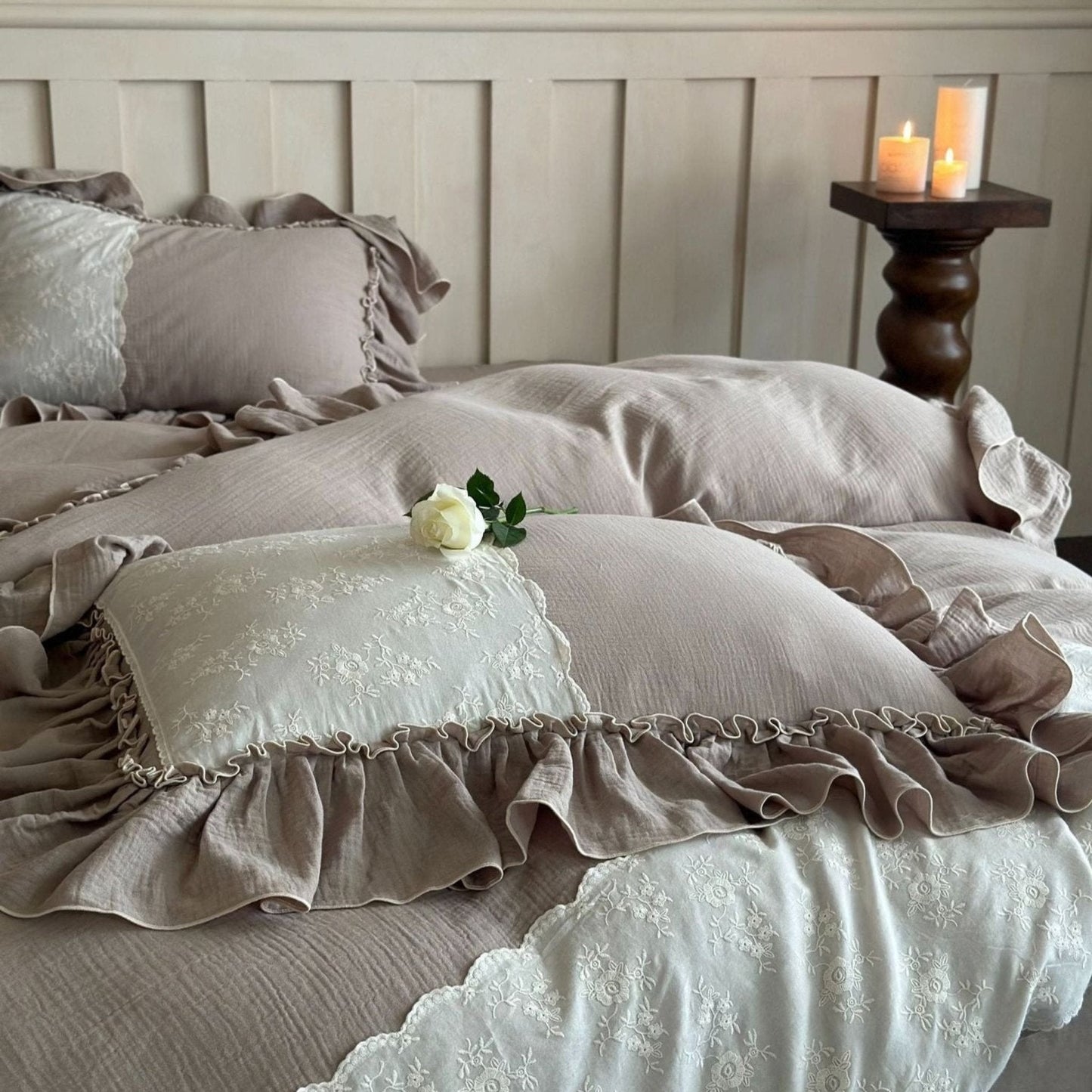 Celeste Soft Lace Embroidered Ruffle Bedding Set / Coffee Brown