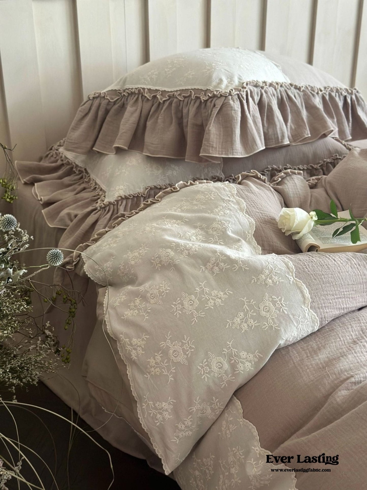 Celeste Soft Lace Embroidered Ruffle Bedding Set / Coffee Brown