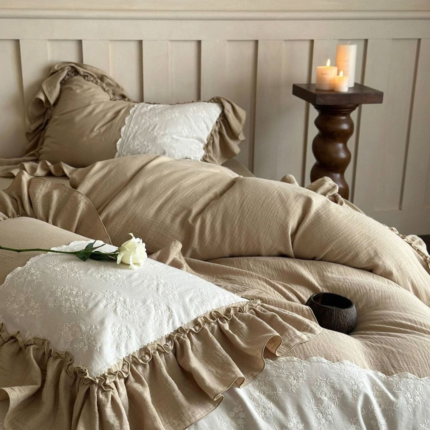 Celeste Soft Lace Embroidered Ruffle Bedding Set / Coffee Brown