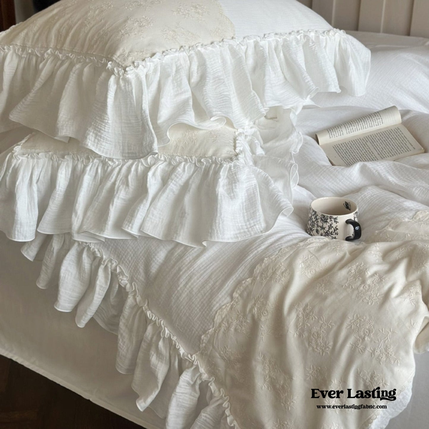 Celeste Soft Lace Embroidered Ruffle Bedding Set / Coffee Brown
