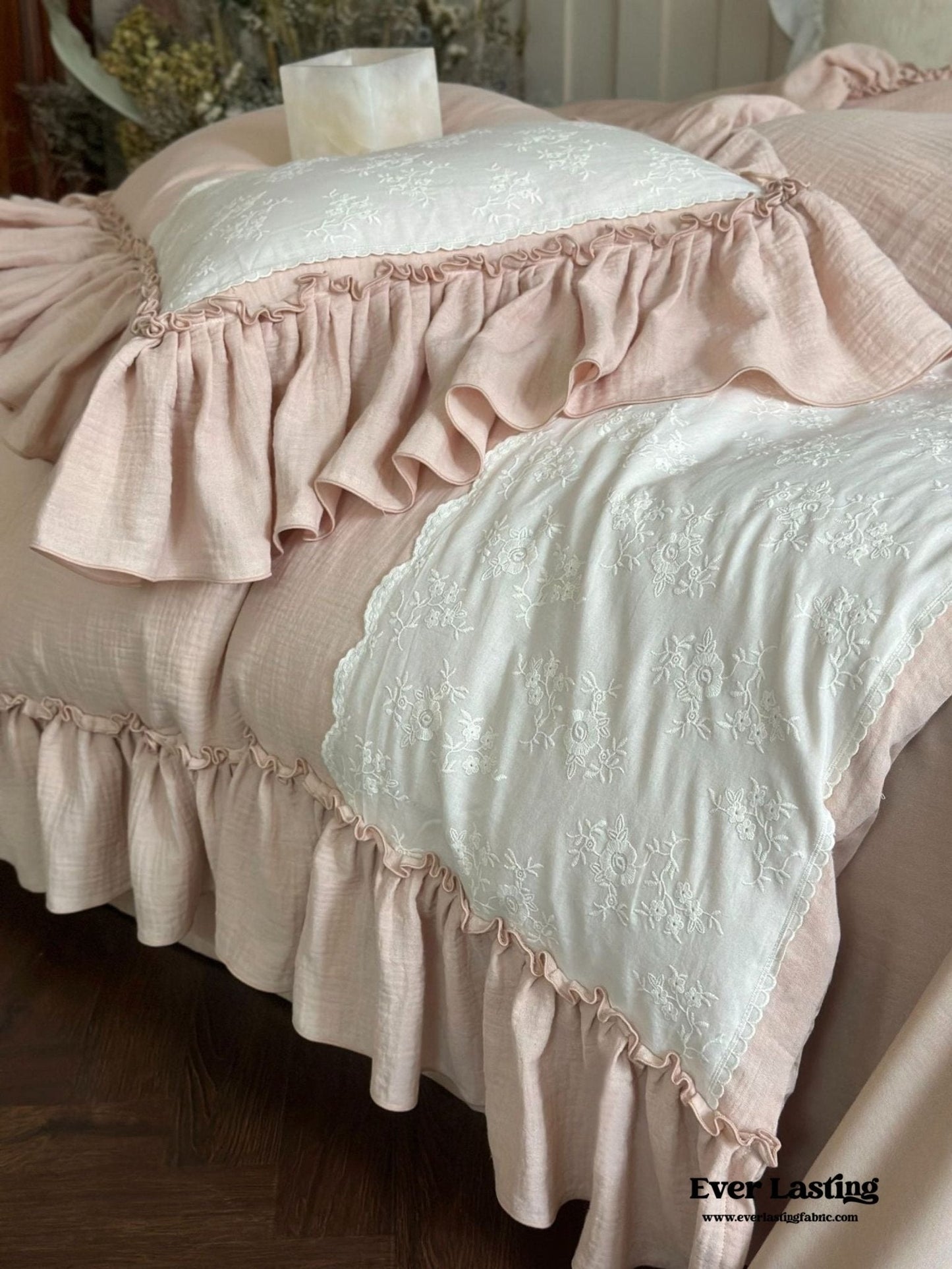 Celeste Soft Lace Embroidered Ruffle Bedding Set / Coffee Brown