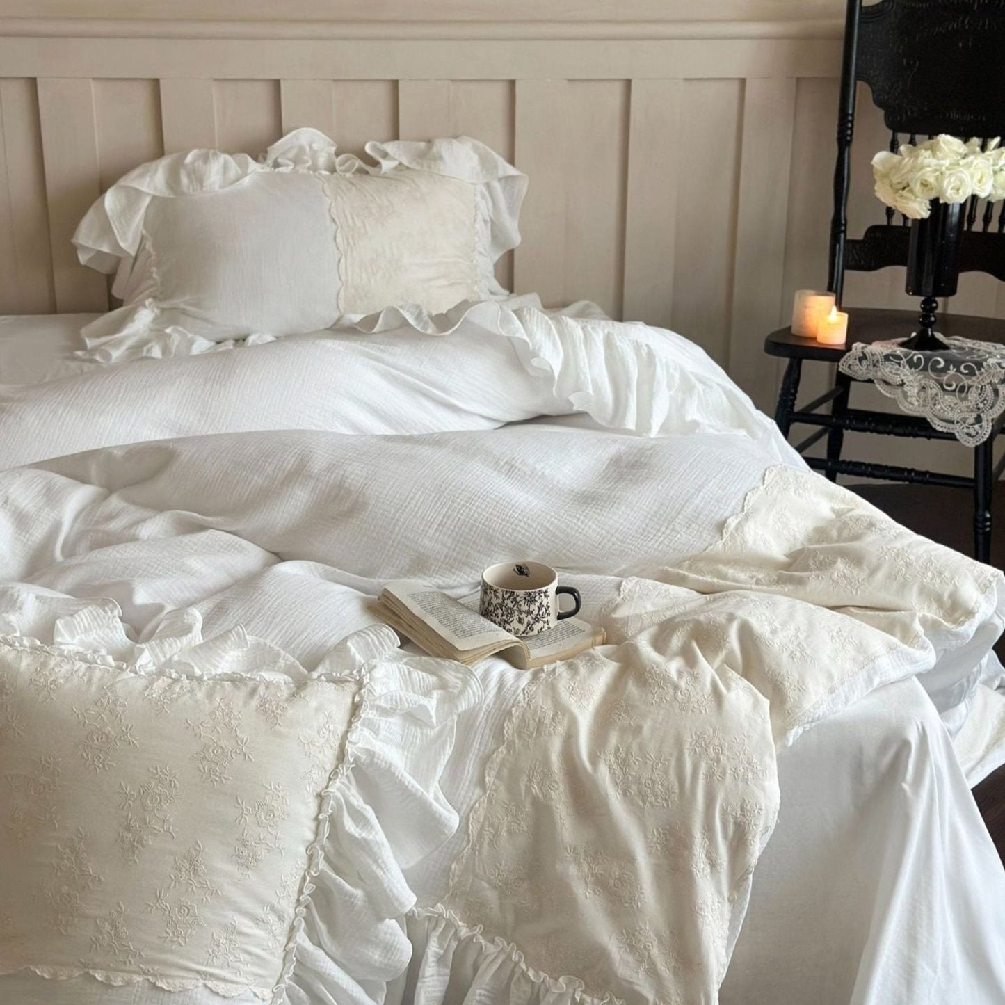 Celeste Soft Lace Embroidered Ruffle Bedding Set / Coffee Brown